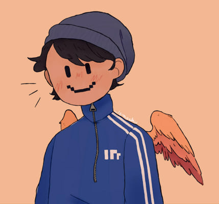 This is a drawing of Quackity from the chest up. He looks exactly like his minecraft skin in the sense that his face is comprised of black digital pixels. His black hair is tucked into a dark blue beanie and spills out a little bit in the back and over his forehead. The blue Adidas sweatshirt is fleece and zips all the way up his neck. Small yellow wings extend from his shoulder blades behind him. There are three black lines coming out of his mouth, showing he's excited. The background is a plain tan.